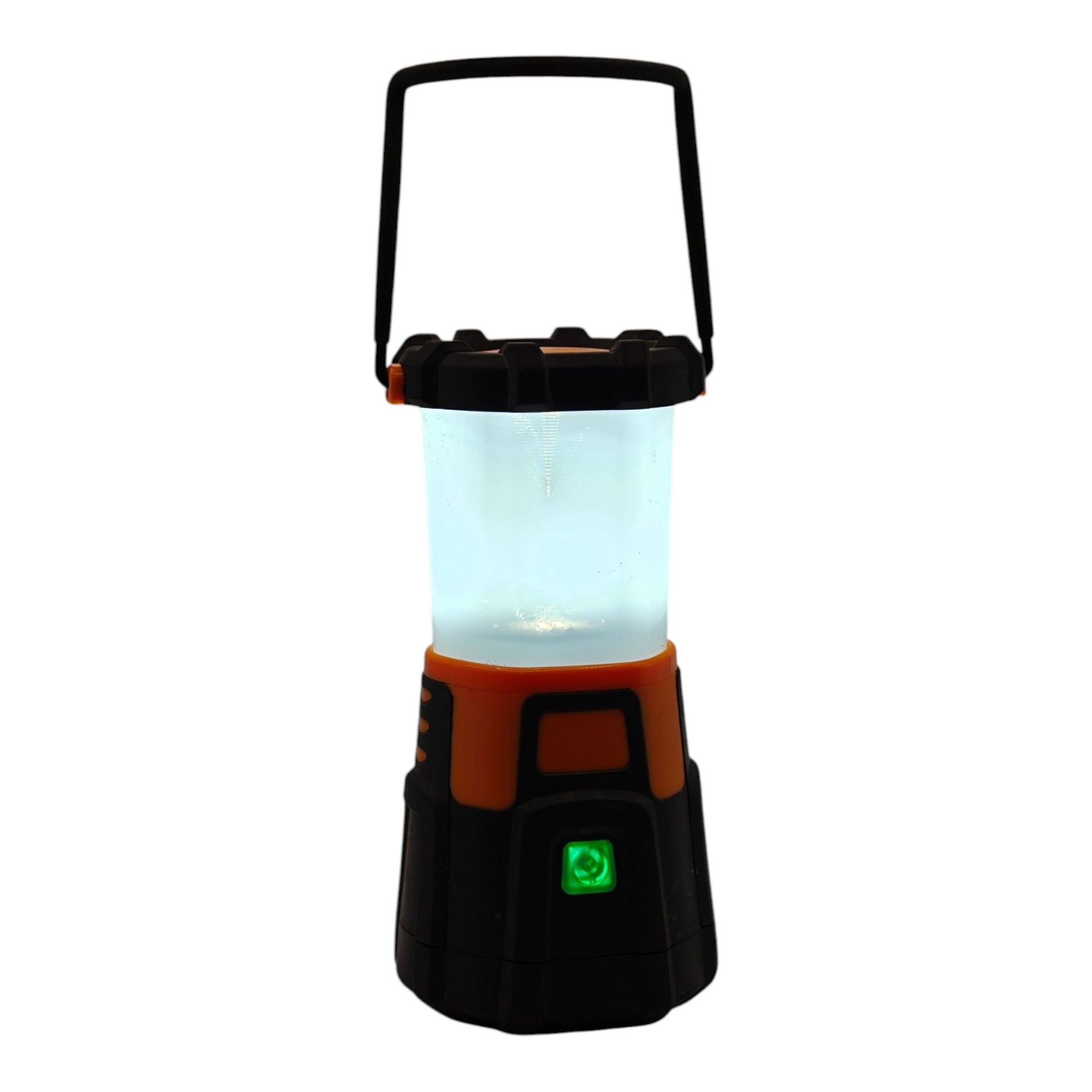 Generic camping lantern front view lit with handle up