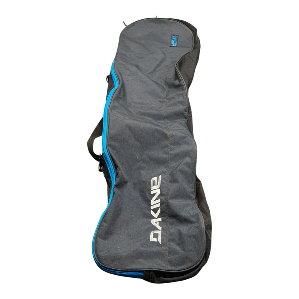 Dakine snowboard bag front view, black with blue zipper and Dakine logo