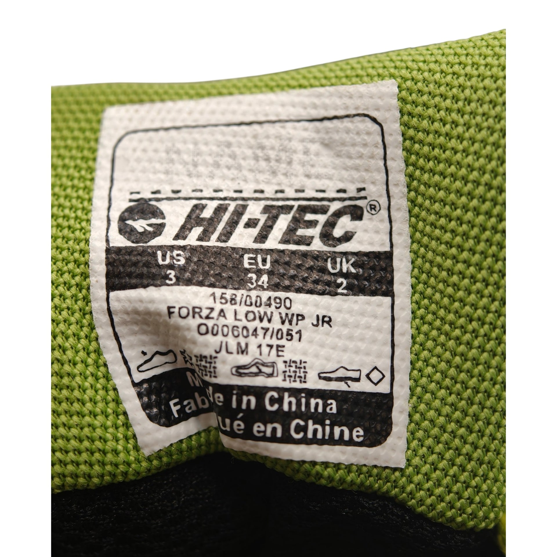 Close-up of label inside shoe showing size and model information