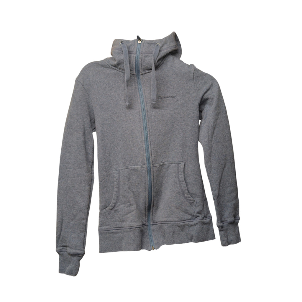 Macpac women's grey zip-up hoodie front view with hood up