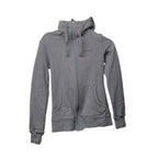 Macpac women's grey zip-up hoodie front view with hood up