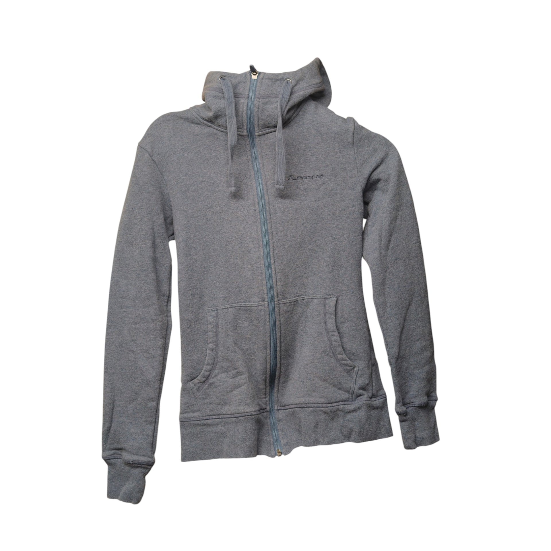 Macpac women's grey zip-up hoodie front view with hood up