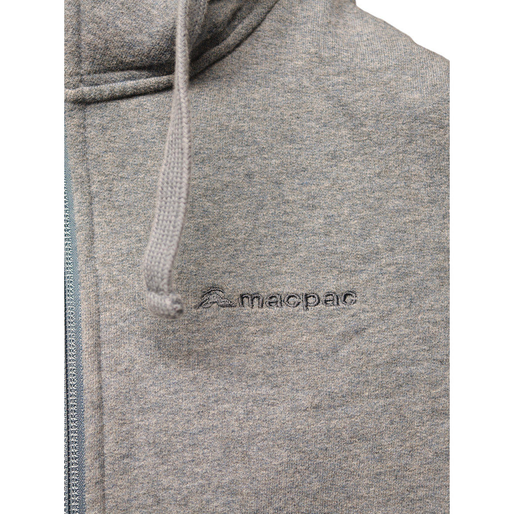 Close-up of Macpac logo embroidered on chest of hoodie