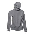 Close-up of zipper pull with Macpac logo on grey hoodie