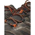 Close-up of Hi-Tec logo and laces on hiking shoe