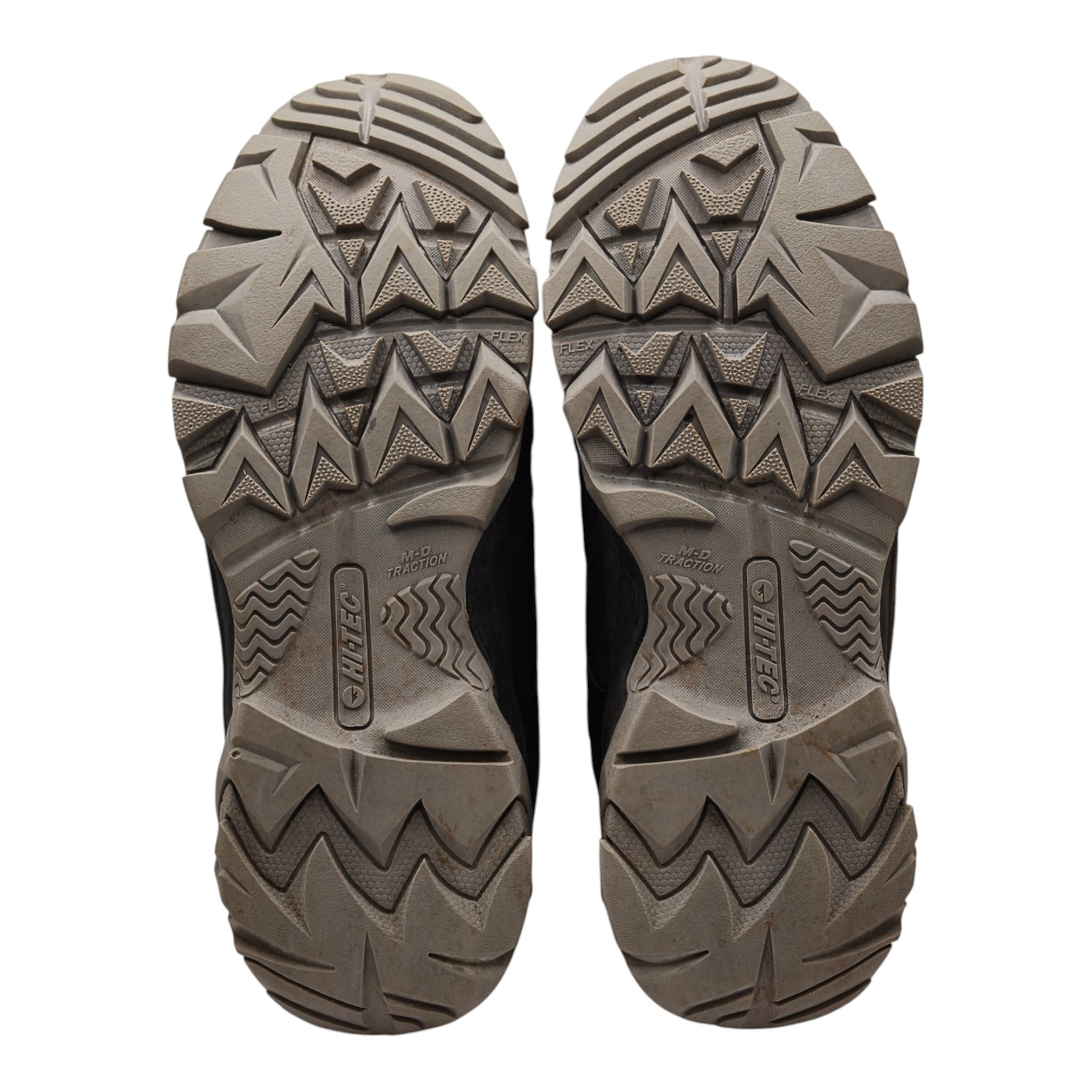 Sole tread view of Hi-Tec hiking shoes showing wear