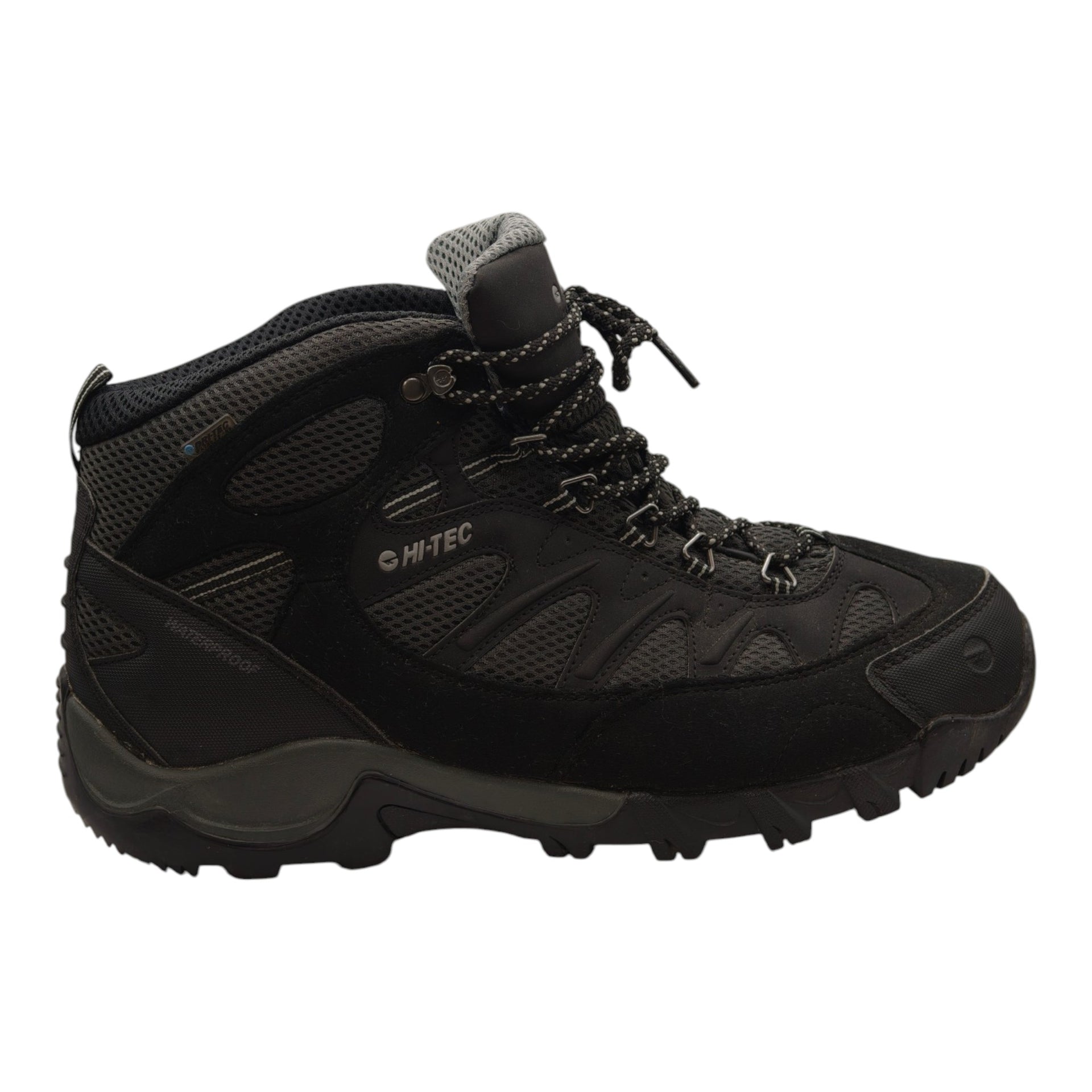 Side view of Hi-Tec Trailstone WP hiking boots showing overall profile and logo