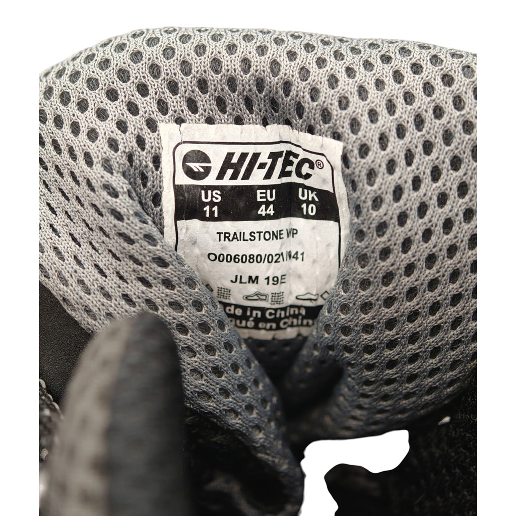 Label inside Hi-Tec Trailstone WP hiking boots showing size and model info