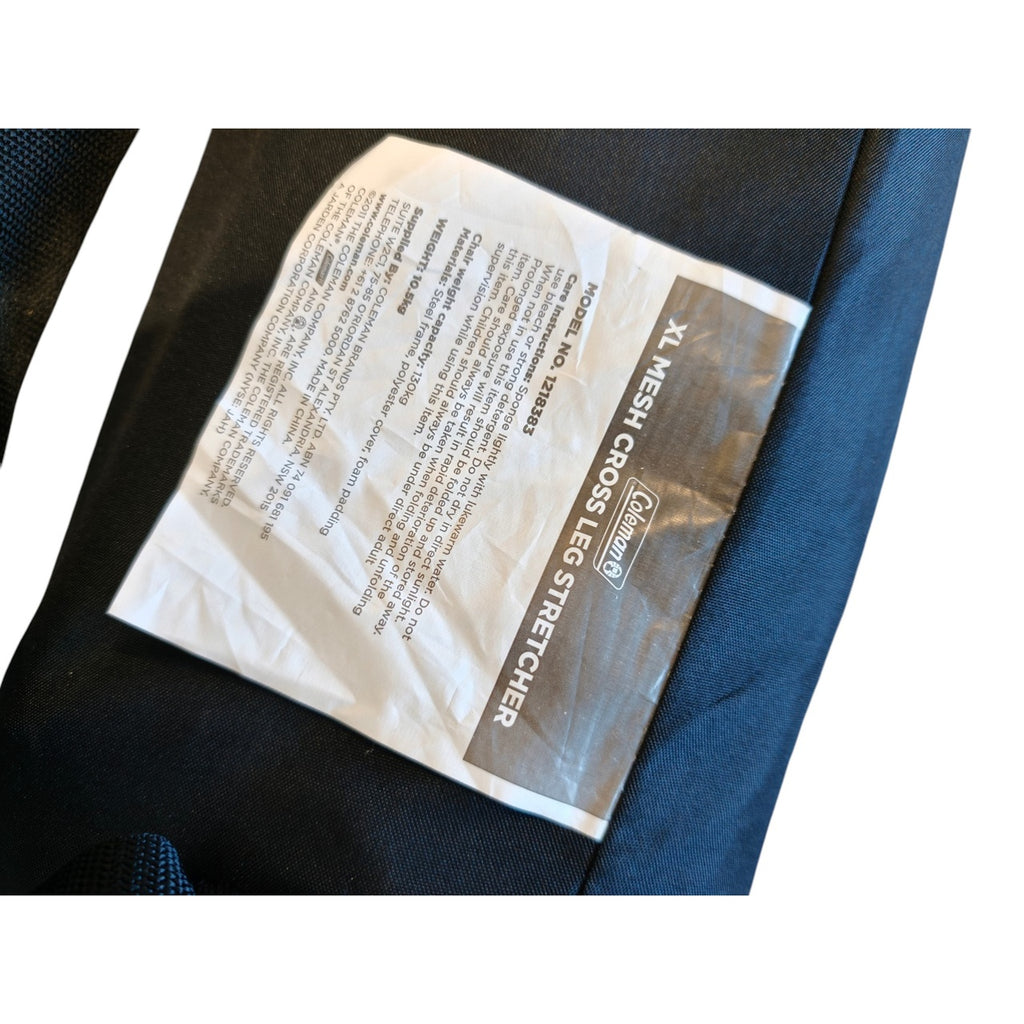 Coleman XL Mesh Cross Leg Camping Stretcher - model and weight label