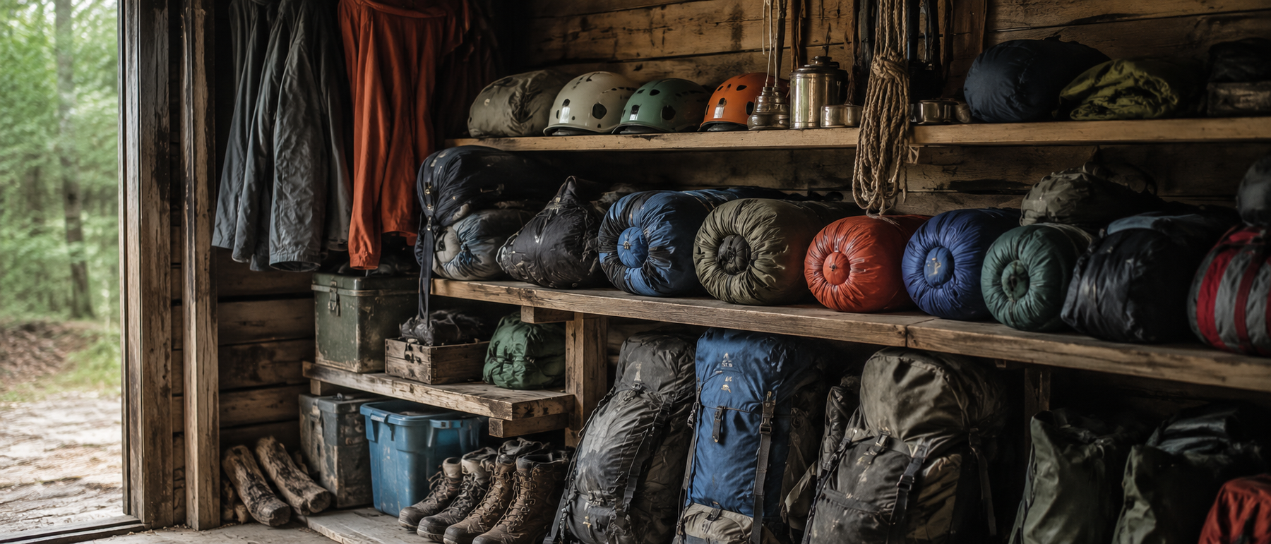 Outdoor gear organised for resale, demonstration image