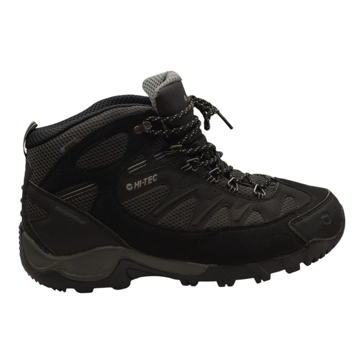 Side view of Hi-Tec Trailstone WP hiking boots showing overall profile and logo