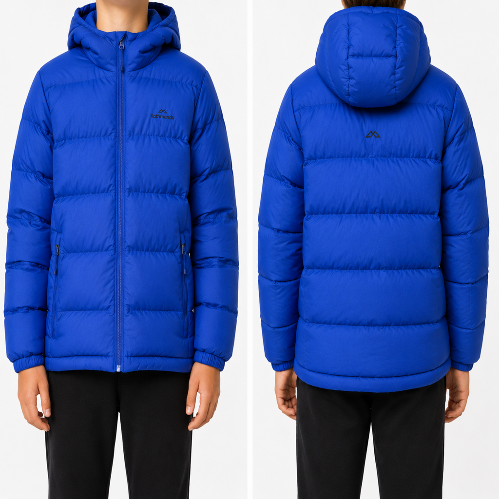 Styled view of Kathmandu Kids Hooded Down Jacket – Blue – Size 14 Years/ 152cm-164cm height