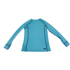 Front view of Macpac aqua and navy long-sleeve base layer