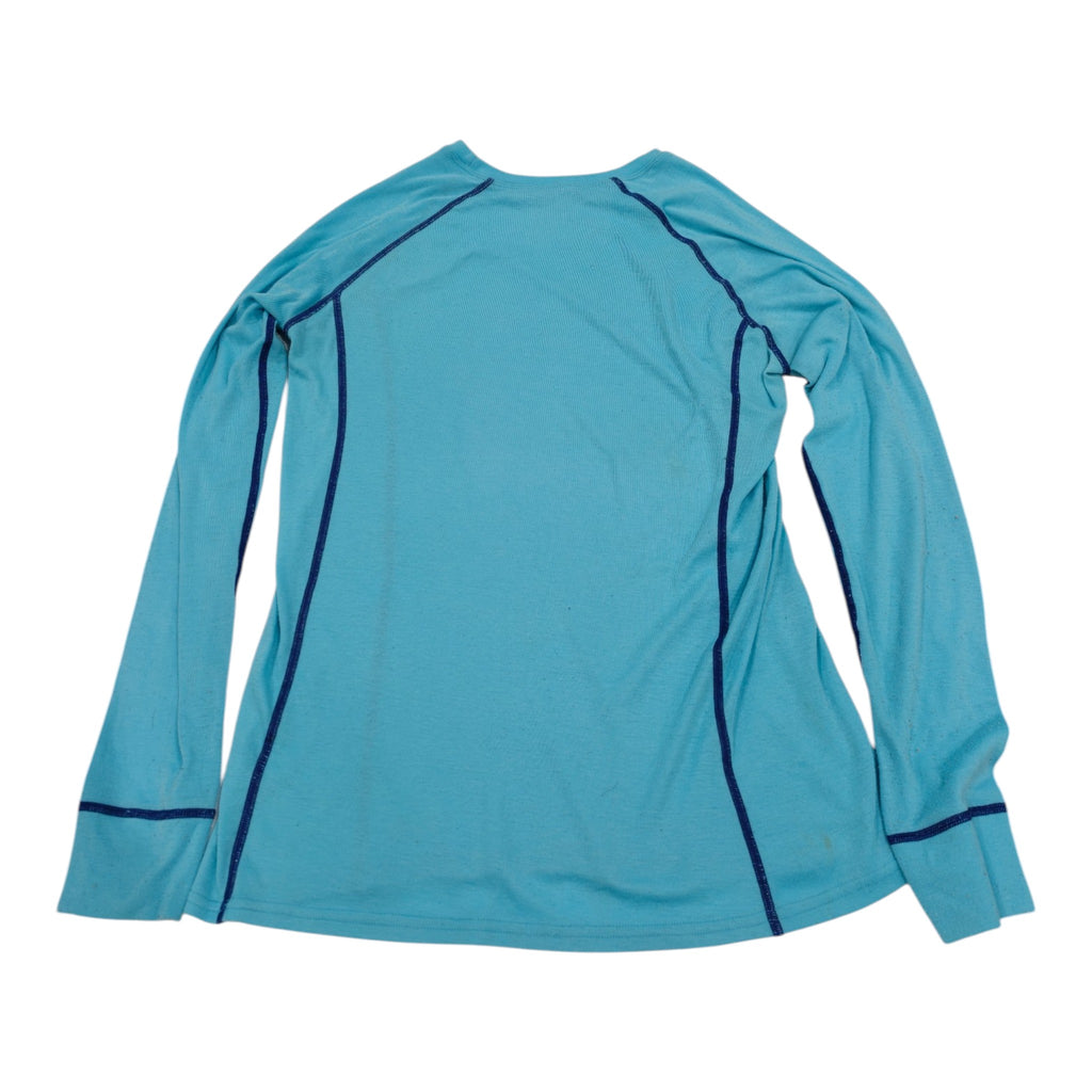 Rear view of Macpac aqua and navy long-sleeve base layer