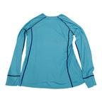 Rear view of Macpac aqua and navy long-sleeve base layer
