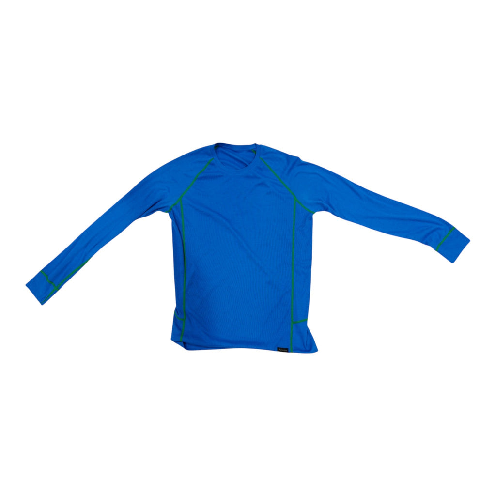 Front view of Macpac blue and green long-sleeve base layer