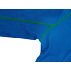 Close-up detail of Macpac blue and green long-sleeve base layer