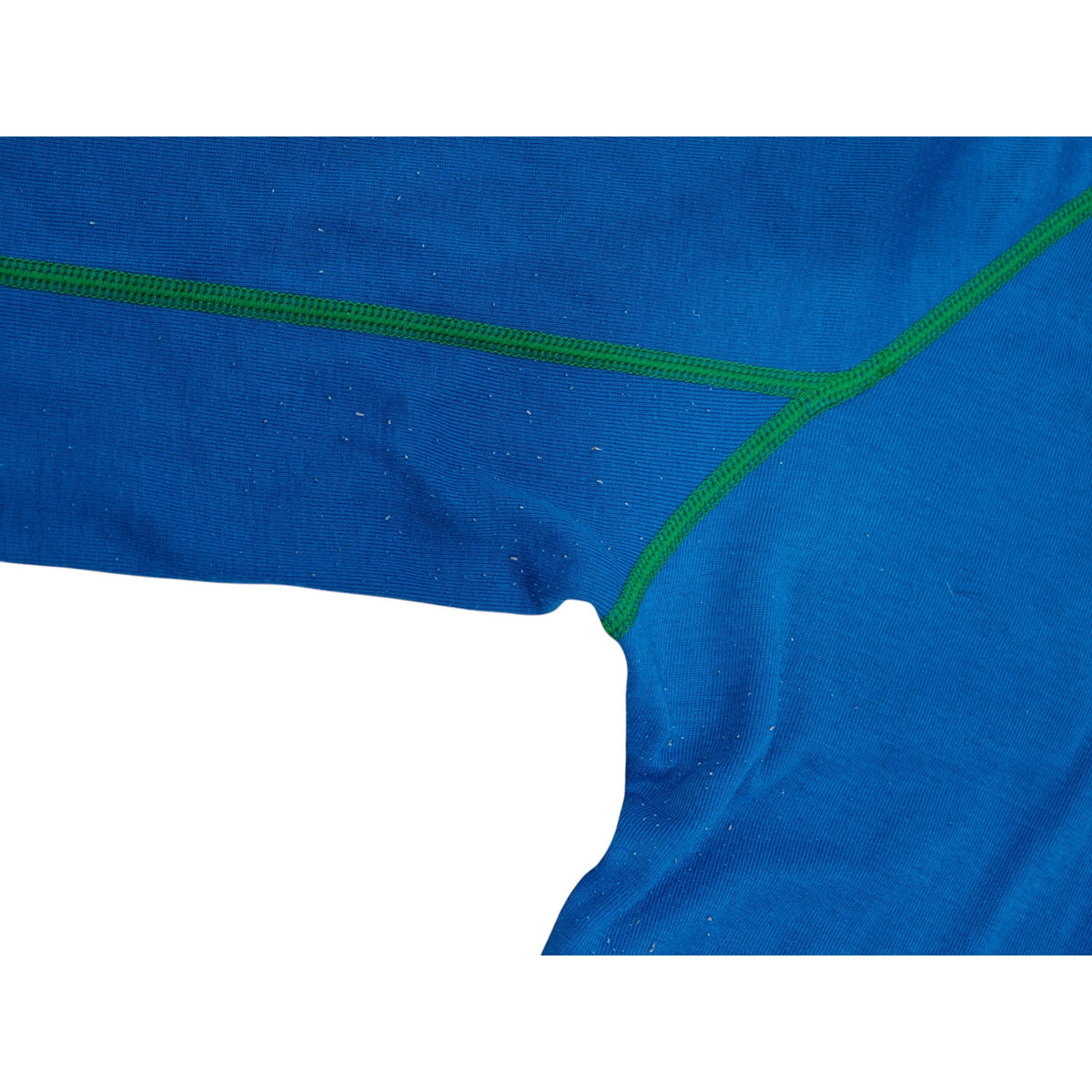 Close-up detail of Macpac blue and green long-sleeve base layer