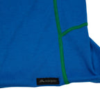 Label on Macpac blue and green long-sleeve base layer