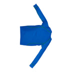 Rear view of Macpac blue and green long-sleeve base layer