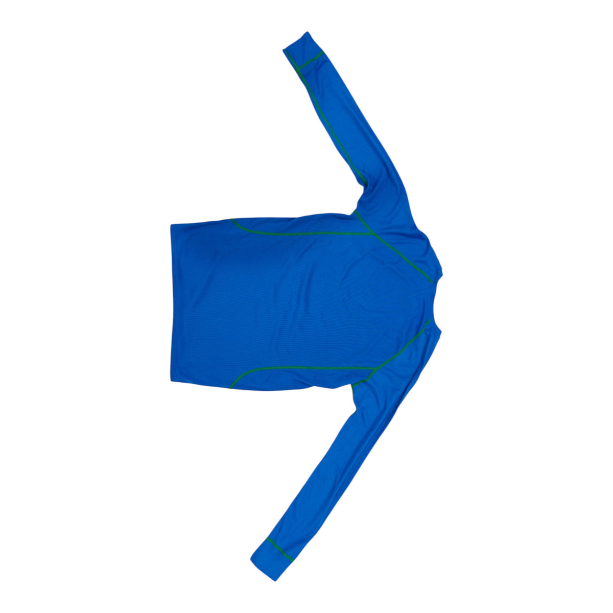 Rear view of Macpac blue and green long-sleeve base layer