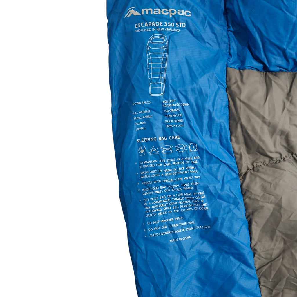 Macpac Escapade 350 Down Sleeping Bag - Standard - Blue - specification label