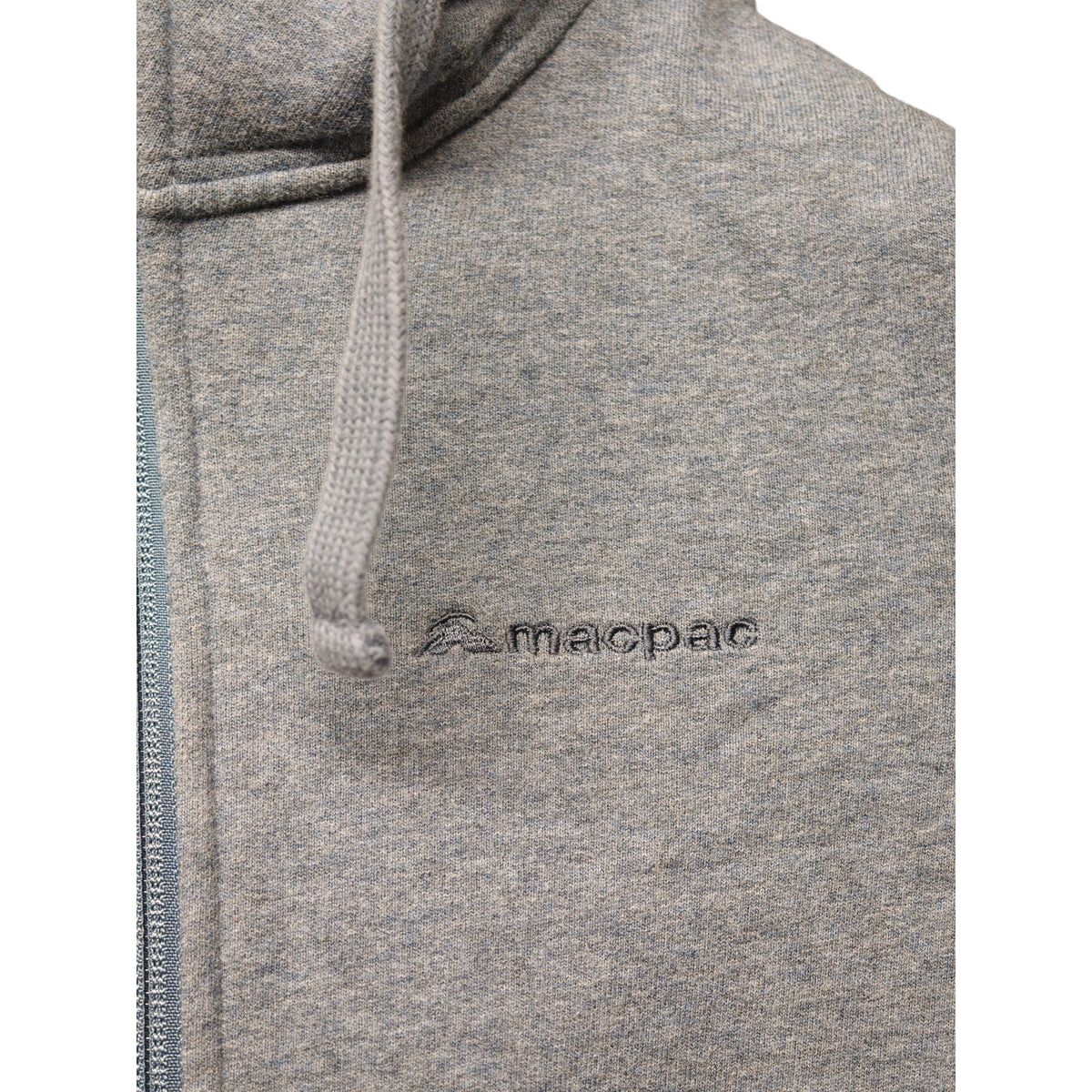 Close-up of Macpac logo embroidered on chest of hoodie