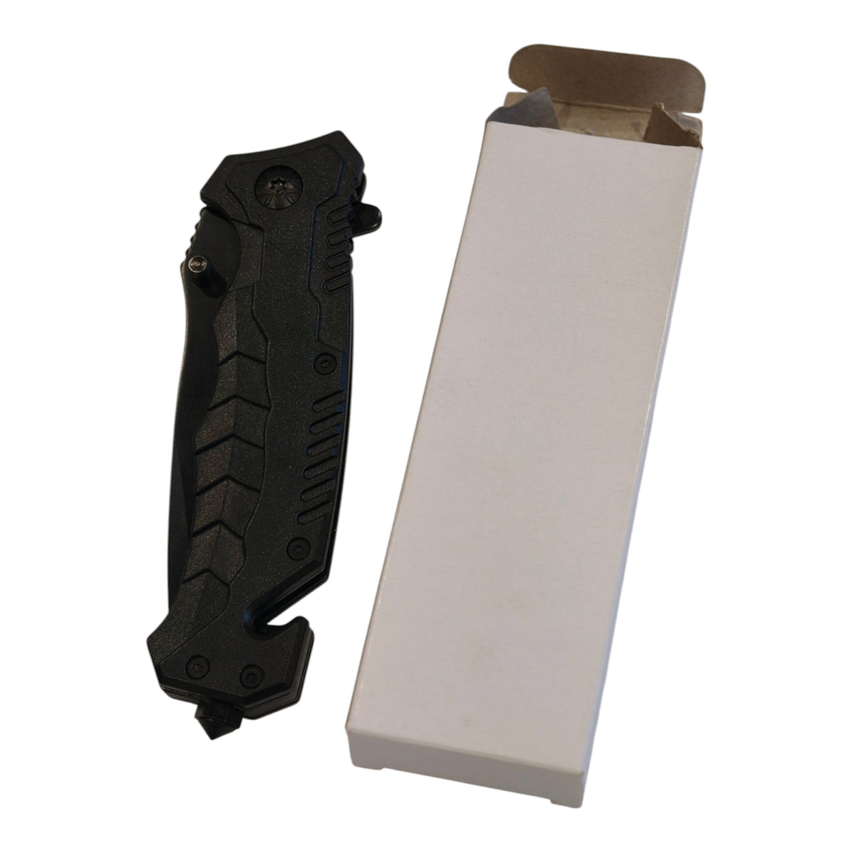 Black Manual Folding Outdoor Knife - folded with box