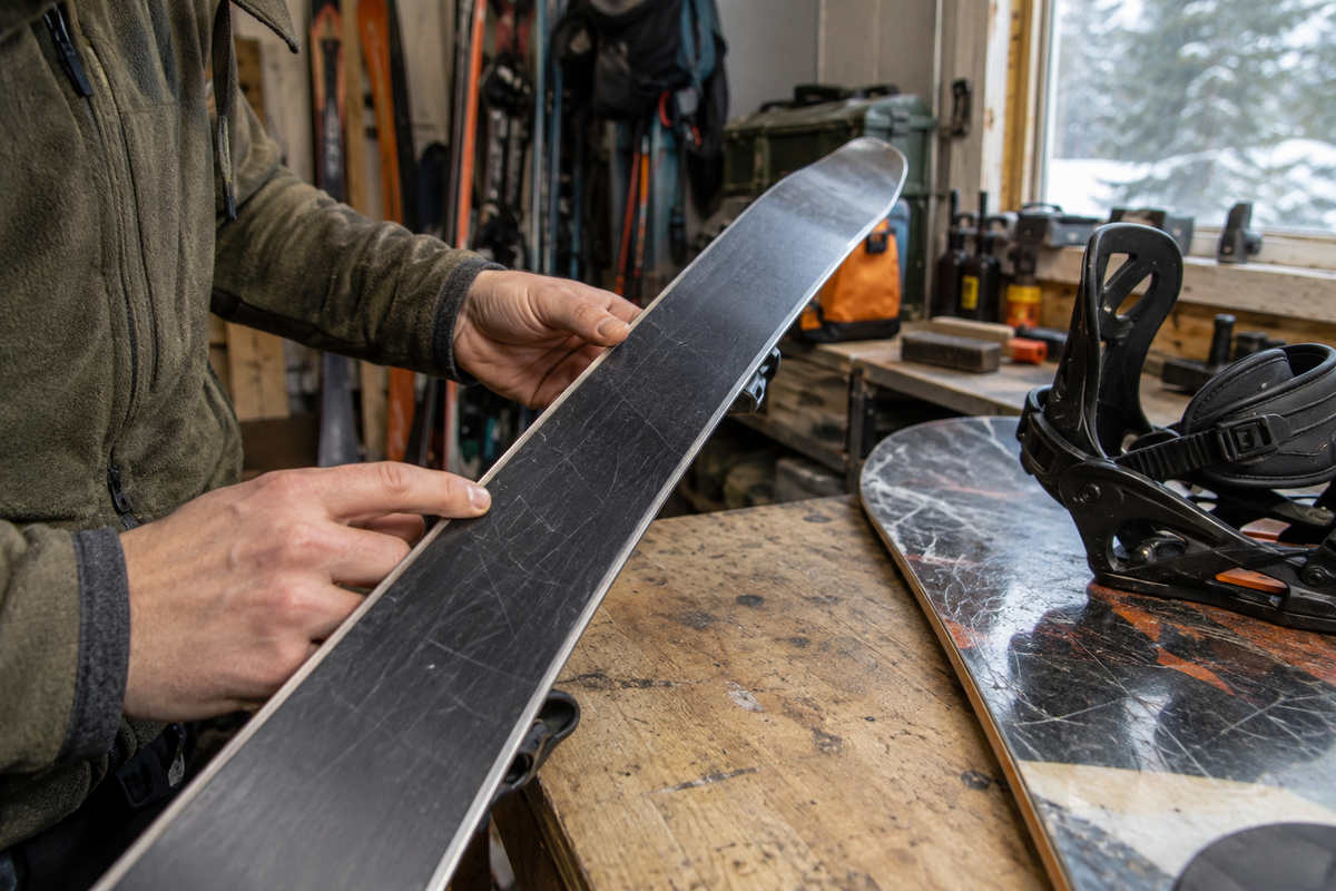 Illustration of hands checking the base and steel edge of a used ski