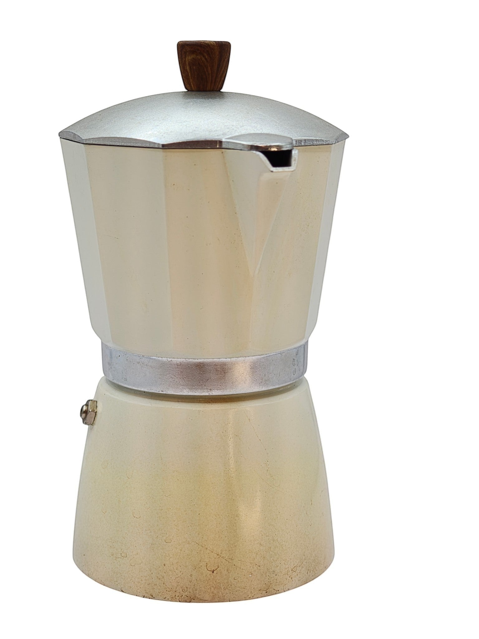 ReGear vintage cream 2-cup stovetop espresso maker (moka pot) with wood-look handle and knob. Aluminium construction.