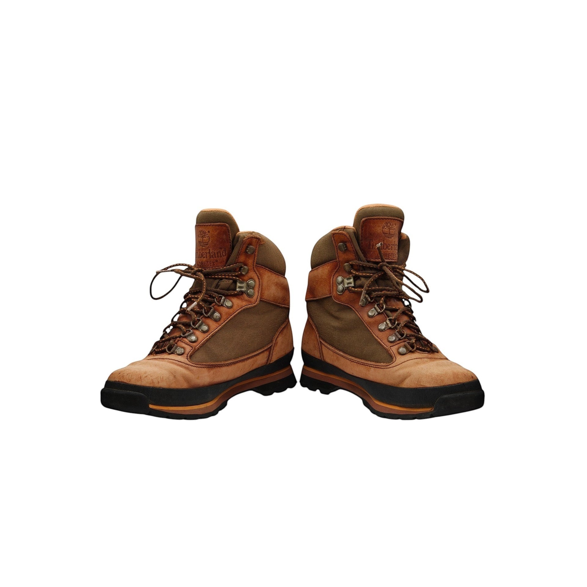 ReGear Timberland brown leather and canvas Gore-Tex hiking boots with durable soles and ankle support.