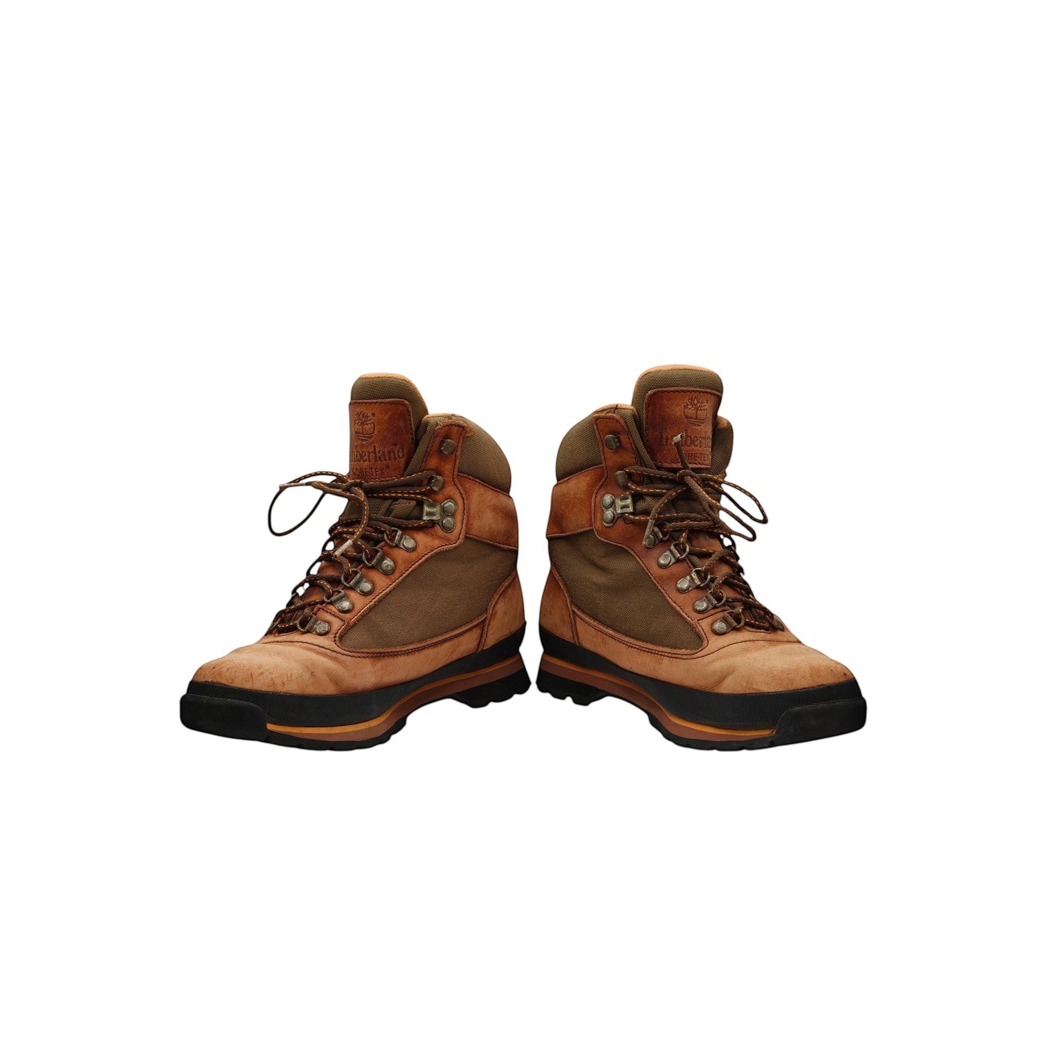 ReGear Timberland brown leather and canvas Gore-Tex hiking boots with durable soles and ankle support.