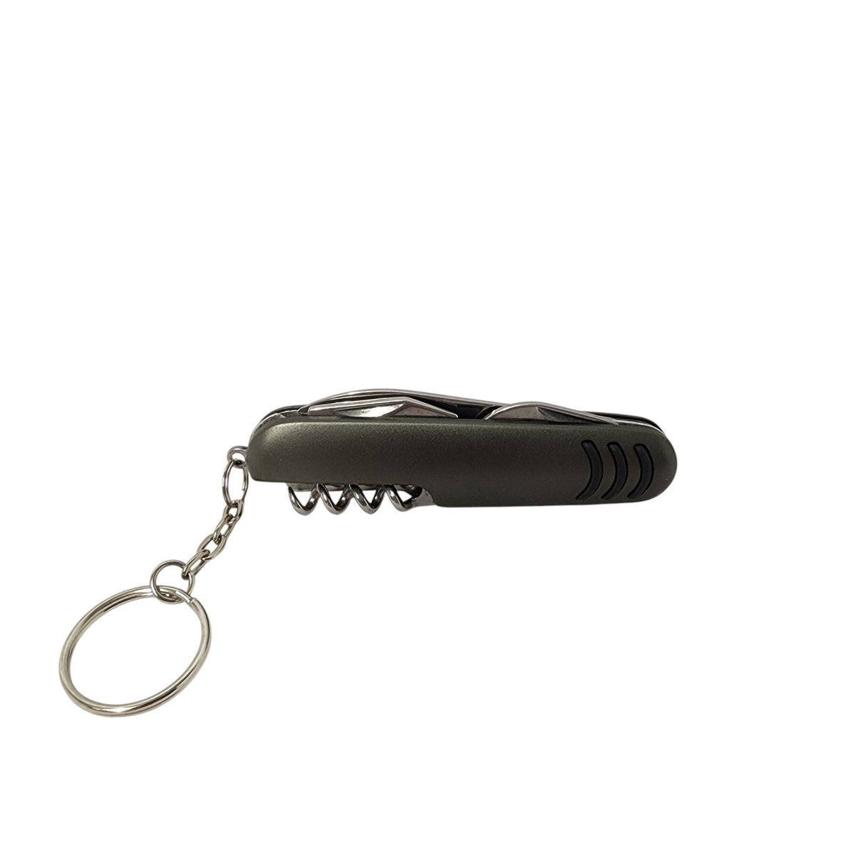 Black multi-tool keychain on a white background