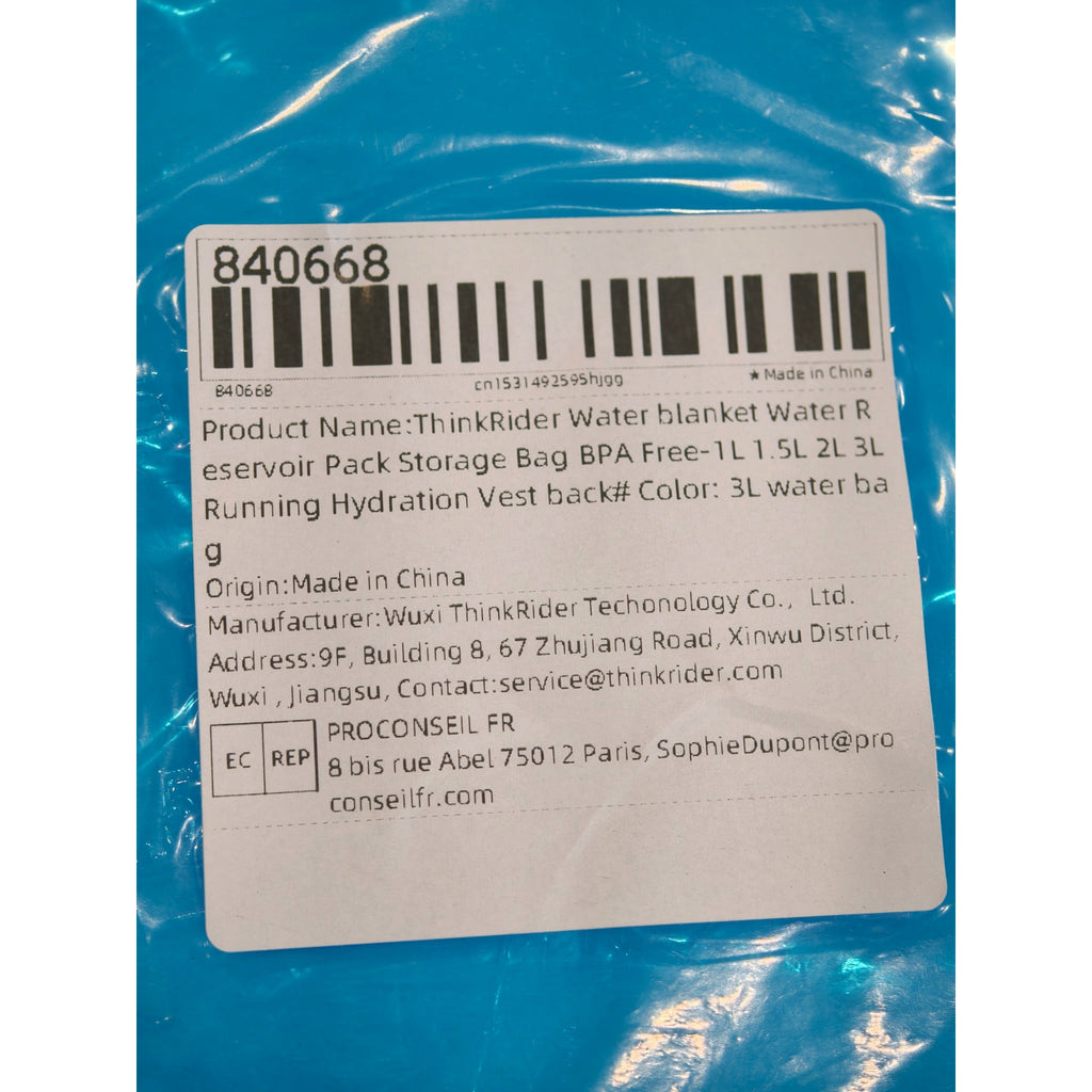 ThinkRider Hydration Reservoir with Drinking Tube - Blue - 3L - capacity label
