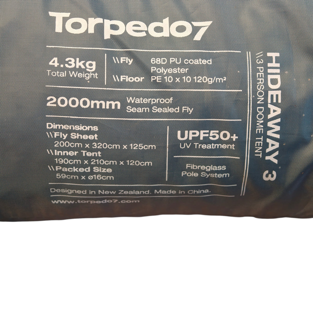 Label on Torpedo7 Hideaway 3 Person Dome Tent